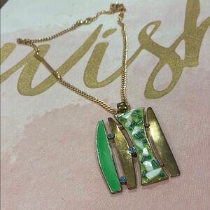 Elegant Gold and Green Enamel Chip Rhinestone Pendant Necklace